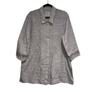 Linen Embroidered La Blend Button Up Tunic Women XL Gray